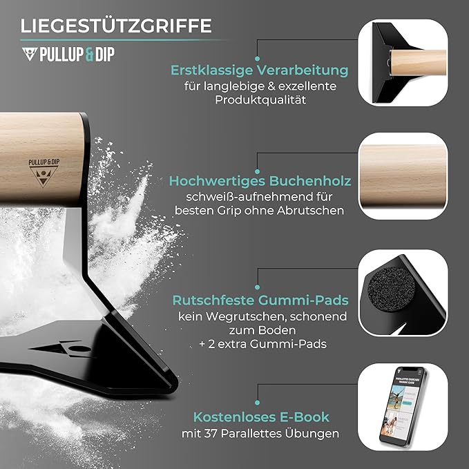 PULLUP & DIP Klikové rukojeti s ergonomickou dřevěnou rukojetí a vysoce zatížitelnou ocelí – protiskluzové tyče na ruce Push-Up pro silový trénink a kalistheniku